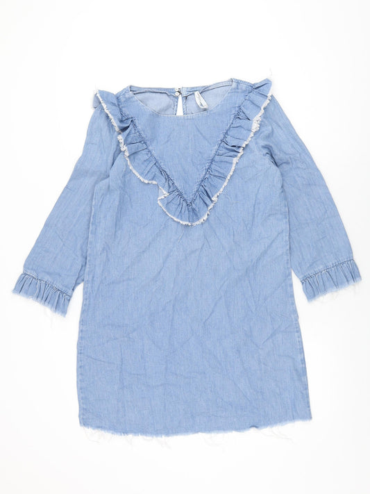 Zara Womens Blue Cotton Shift Size M Round Neck Button