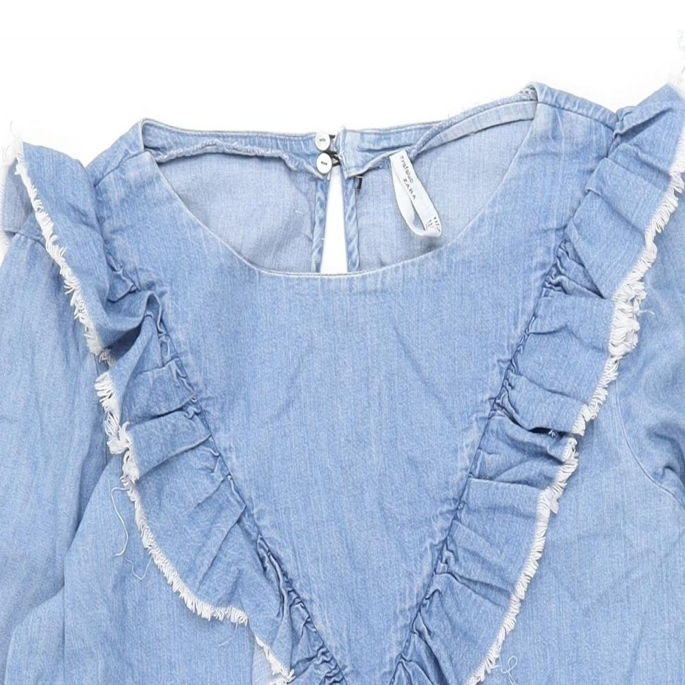 Zara Womens Blue Cotton Shift Size M Round Neck Button