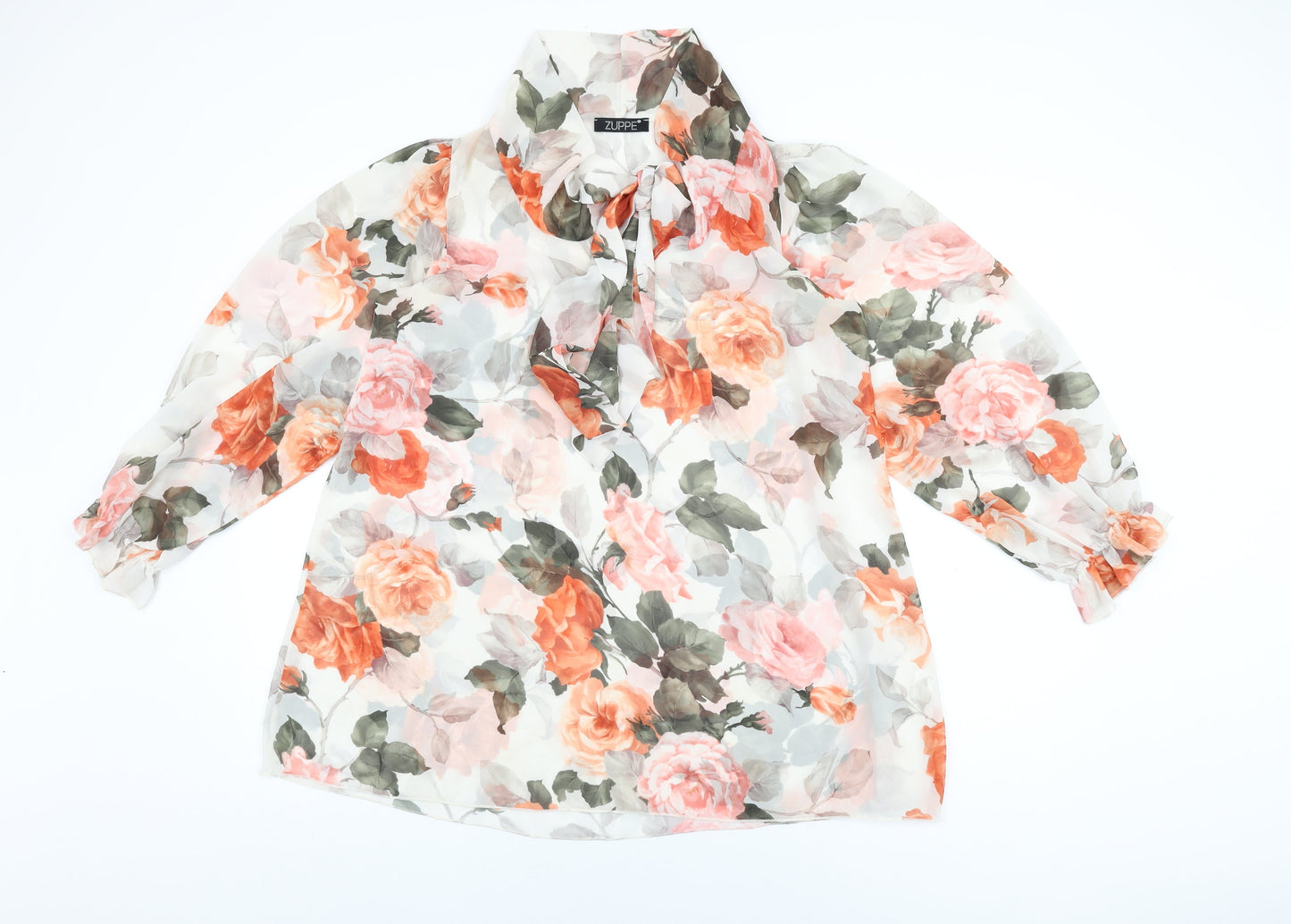 Zuppe Womens White Floral Polyester Basic Blouse Size M Round Neck - Size M/L