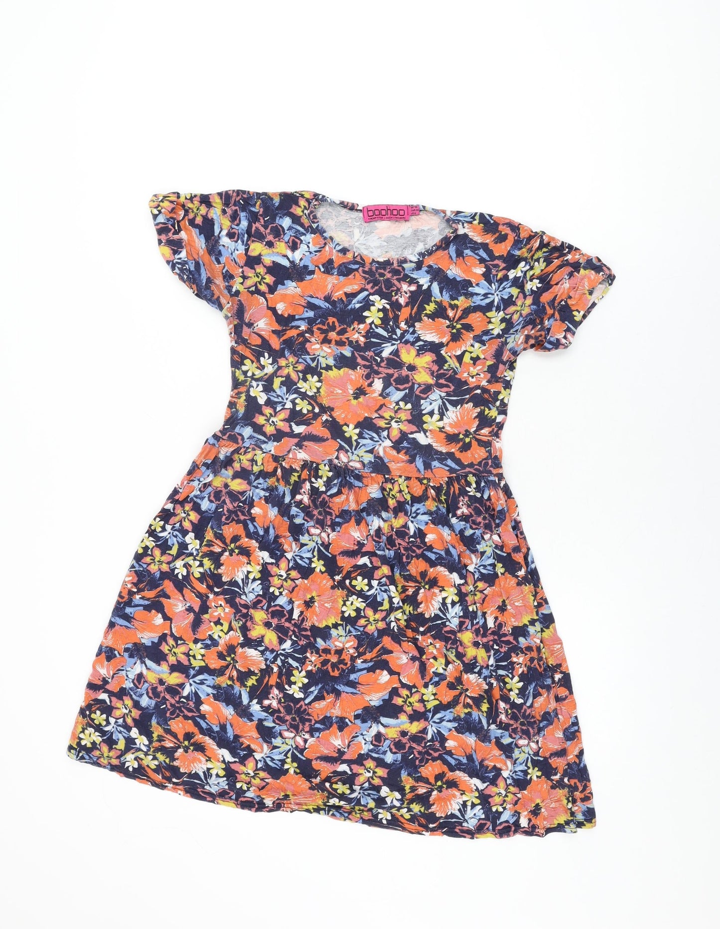 Boohoo Womens Blue Floral Viscose Skater Dress Size 10 Round Neck Pullover