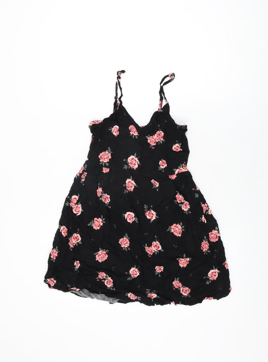 H&M Womens Black Floral Viscose Mini Size 10 V-Neck Pullover