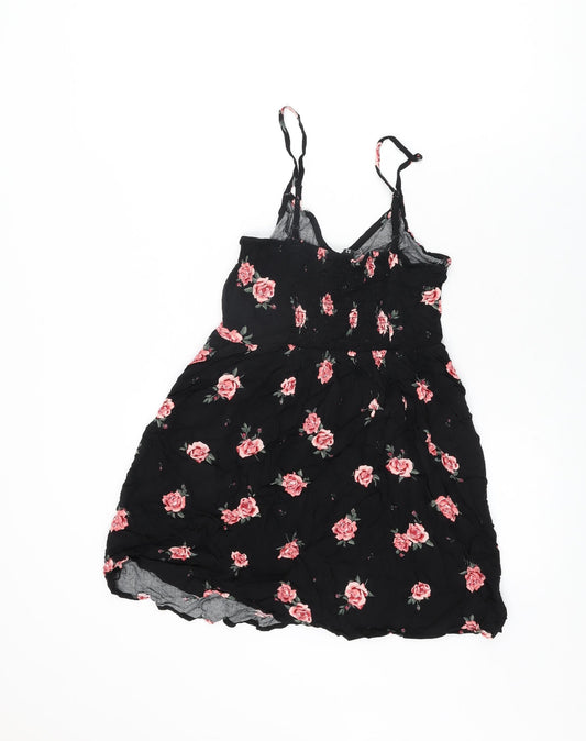 H&M Womens Black Floral Viscose Mini Size 10 V-Neck Pullover