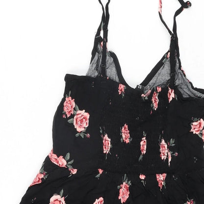 H&M Womens Black Floral Viscose Mini Size 10 V-Neck Pullover