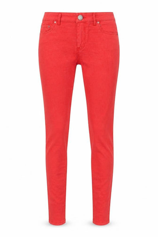 Front view of Only women’s red cotton skinny jeans, size S, 34-inch leg regular zip