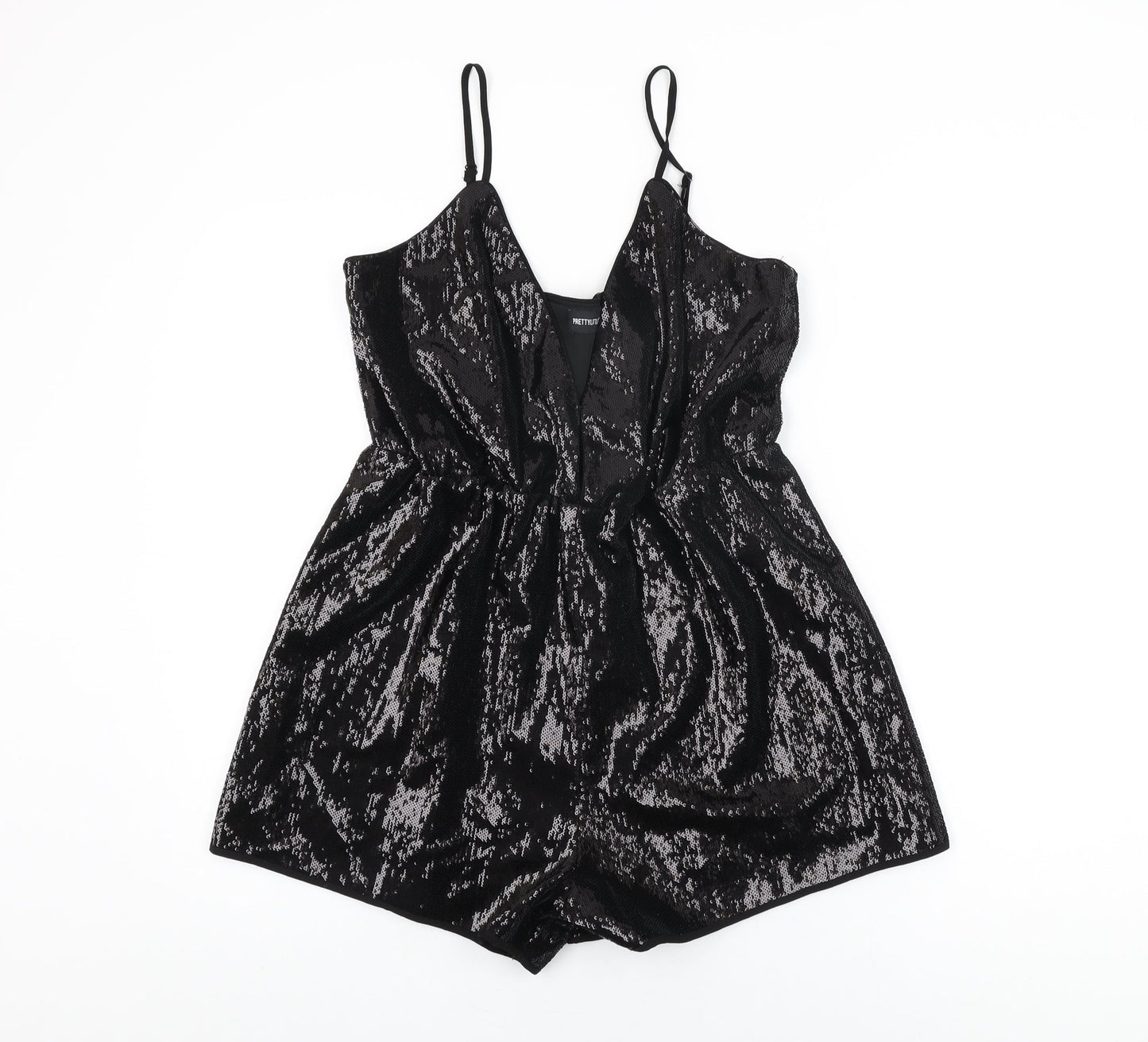 PRETTYLITTLETHING Womens Black Polyester Playsuit One-Piece Size 14 L3 in Pullover