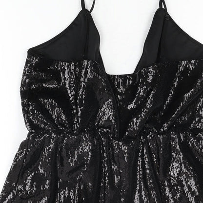 PRETTYLITTLETHING Womens Black Polyester Playsuit One-Piece Size 14 L3 in Pullover