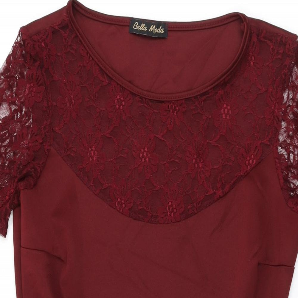 Bella Moda Womens Red Polyester Skater Dress Size 12 Round Neck Pullover