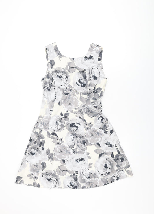 Dorothy Perkins Womens White Floral Cotton A-Line Size 8 Round Neck Zip