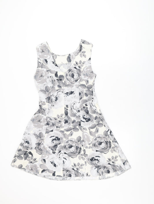 Dorothy Perkins Womens White Floral Cotton A-Line Size 8 Round Neck Zip