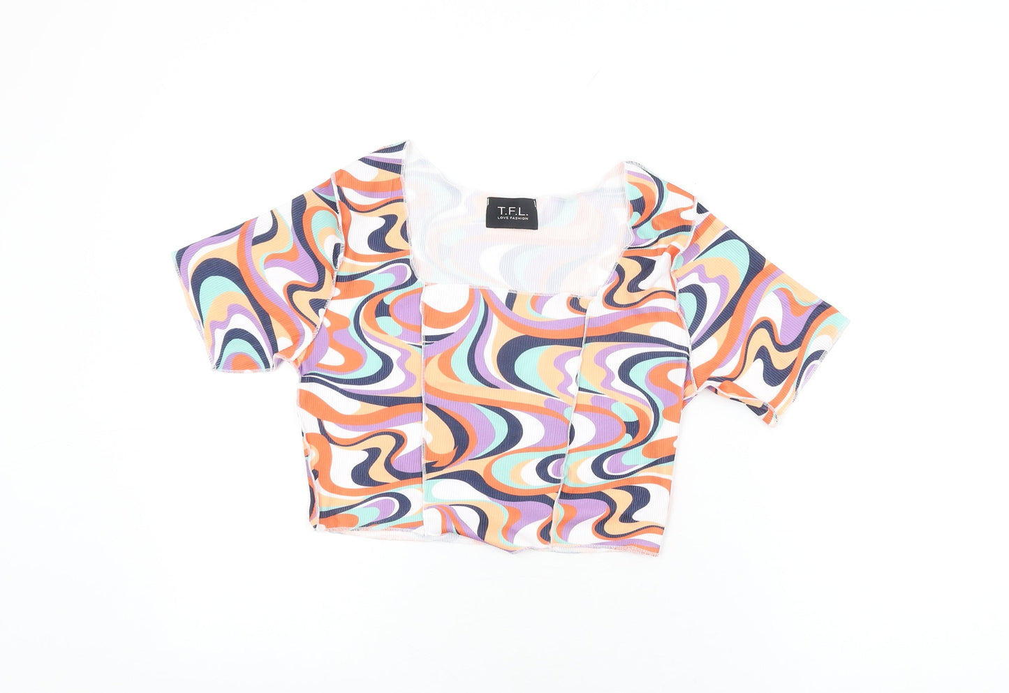 TFL Womens Multicoloured Geometric Polyester Cropped T-Shirt Size 12 Square Neck