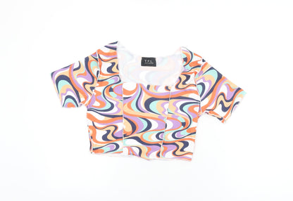 TFL Womens Multicoloured Geometric Polyester Cropped T-Shirt Size 12 Square Neck