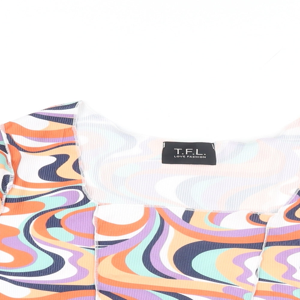 TFL Womens Multicoloured Geometric Polyester Cropped T-Shirt Size 12 Square Neck
