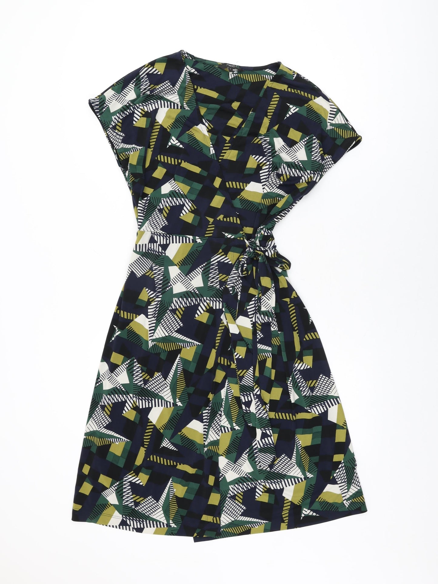 NEXT Womens Multicoloured Geometric Polyester Wrap Dress Size 8 V-Neck Tie