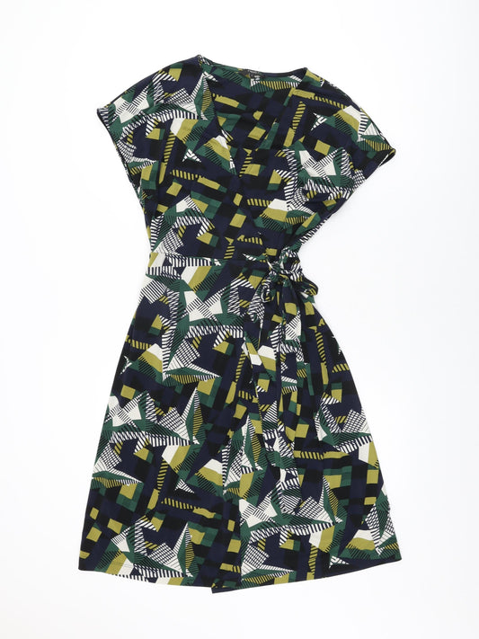 NEXT Womens Multicoloured Geometric Polyester Wrap Dress Size 8 V-Neck Tie