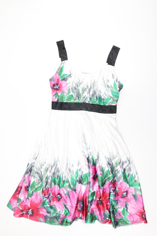 BHS Womens White Floral Polyester A-Line Size 14 Round Neck Zip