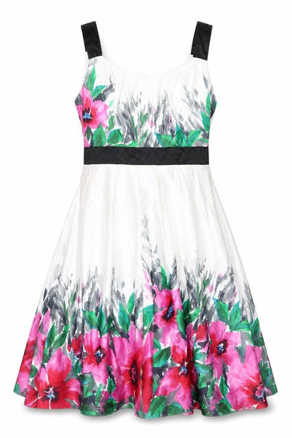 BHS Womens White Floral Polyester A-Line Size 14 Round Neck Zip