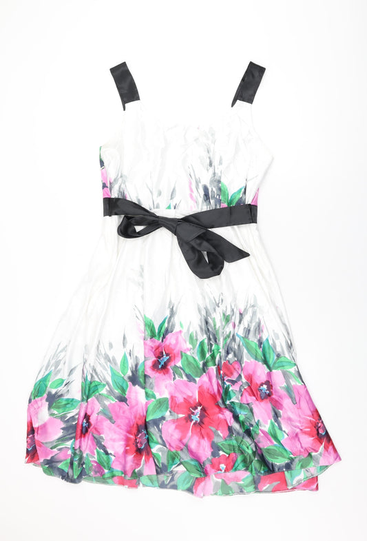 BHS Womens White Floral Polyester A-Line Size 14 Round Neck Zip