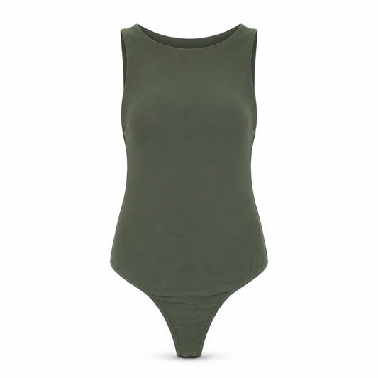 Front view of Missguided women’s green polyester bodysuit one-piece, size UK 6, snap