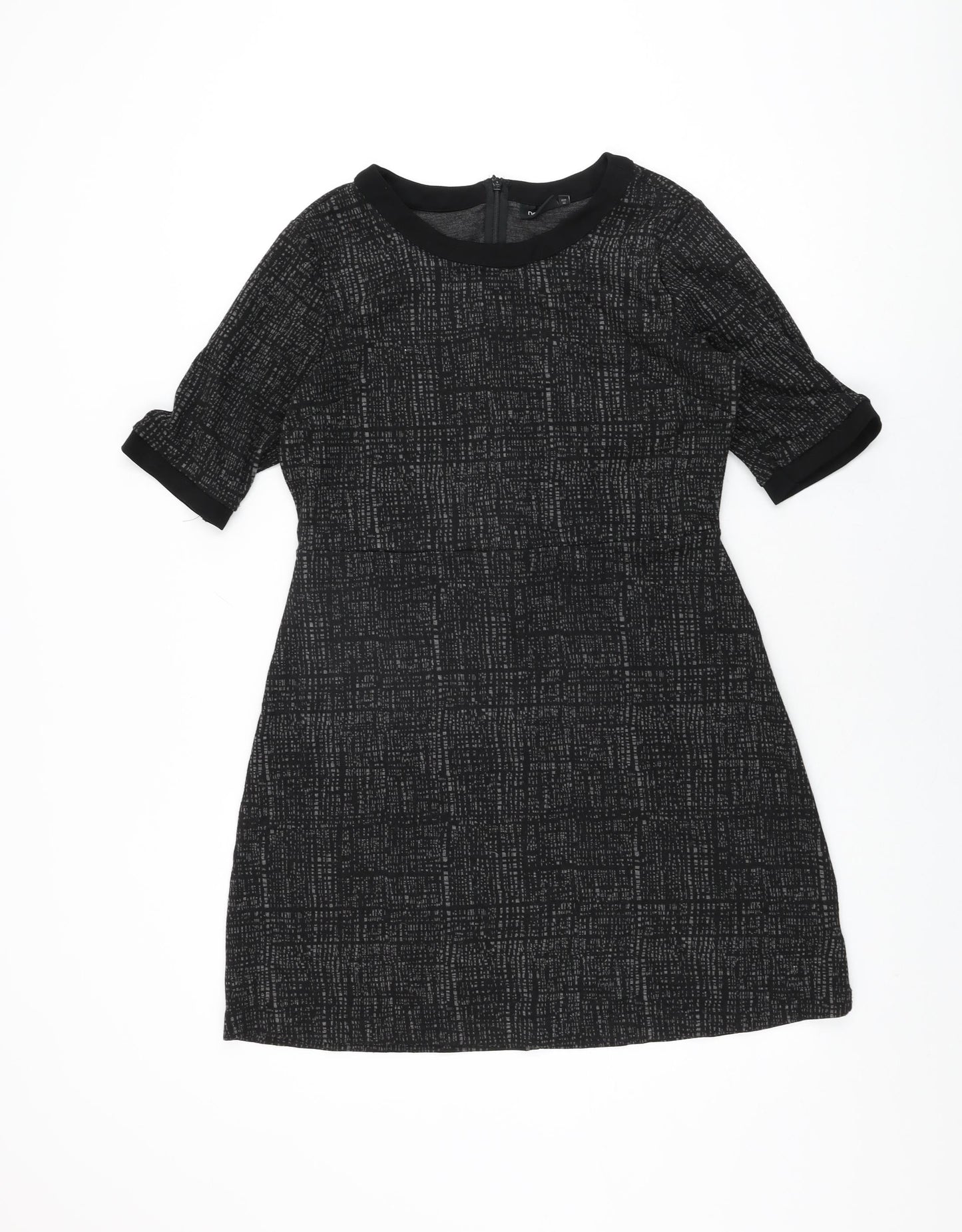 NEXT Womens Black Geometric Viscose Shift Size 14 Round Neck Zip