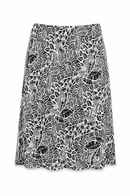 Front view of BM women’s black geometric viscose swing skirt, size UK 16