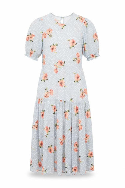 New Look Womens Blue Floral Viscose A-Line Size 8 Round Neck Button