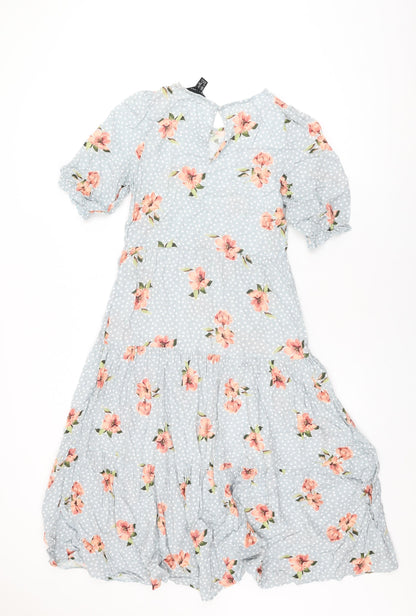 New Look Womens Blue Floral Viscose A-Line Size 8 Round Neck Button