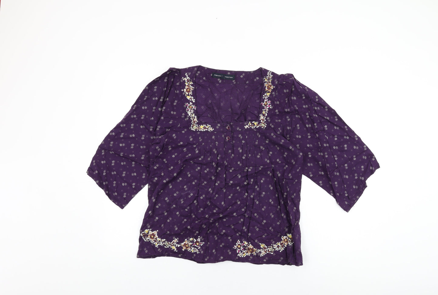 French Connection Womens Purple Floral Cotton Basic T-Shirt Size 12 Square Neck