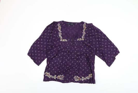 French Connection Womens Purple Floral Cotton Basic T-Shirt Size 12 Square Neck