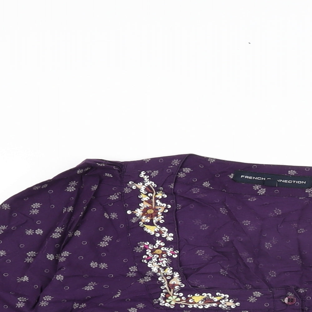 French Connection Womens Purple Floral Cotton Basic T-Shirt Size 12 Square Neck
