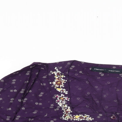 French Connection Womens Purple Floral Cotton Basic T-Shirt Size 12 Square Neck