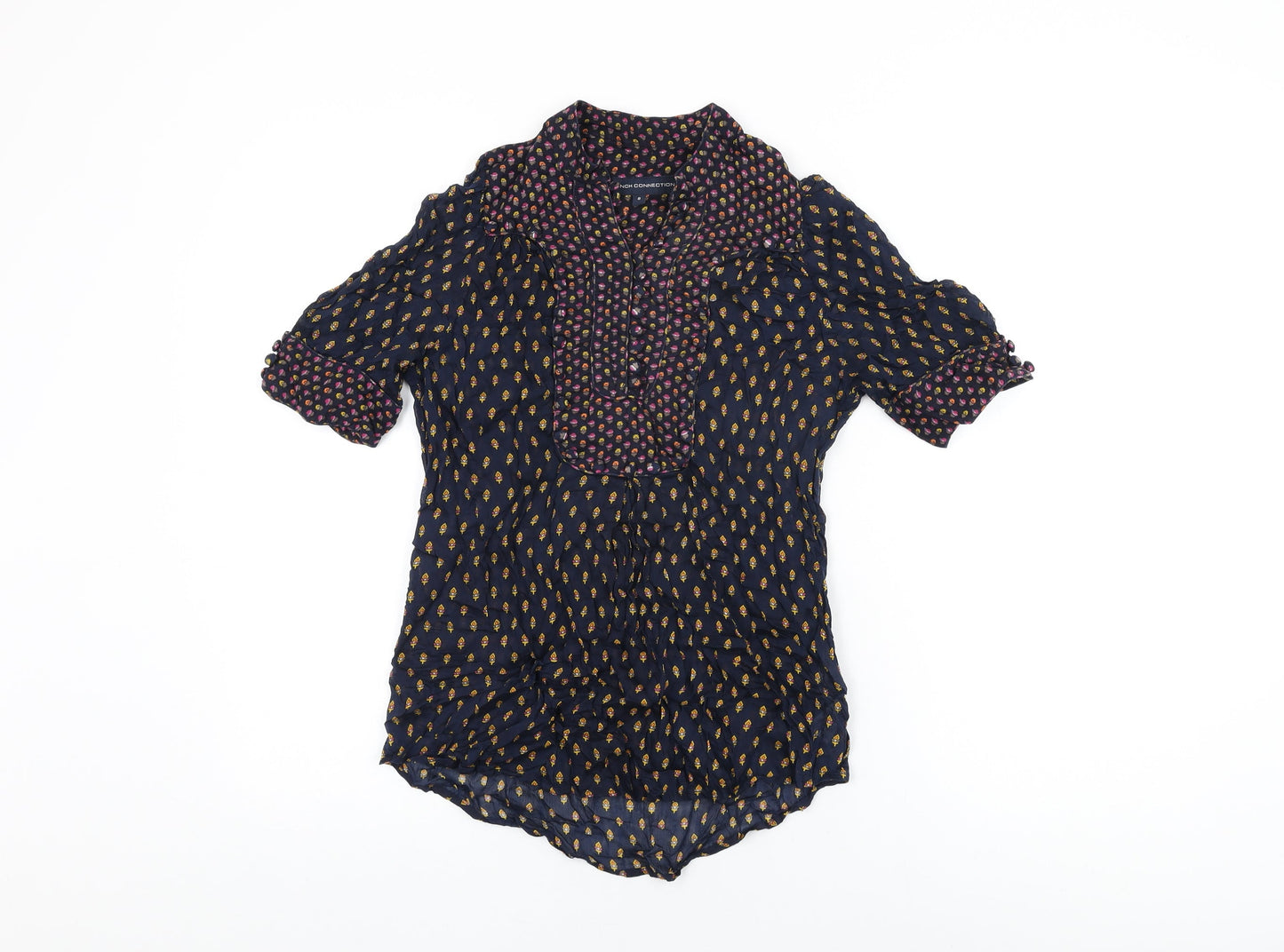 French Connection Womens Blue Geometric Viscose Basic T-Shirt Size 8 V-Neck