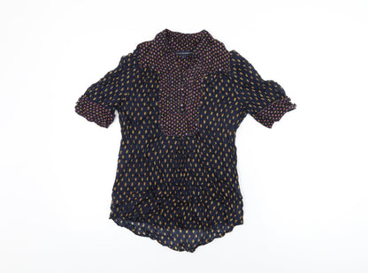 French Connection Womens Blue Geometric Viscose Basic T-Shirt Size 8 V-Neck