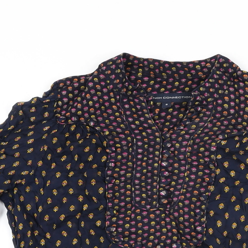 French Connection Womens Blue Geometric Viscose Basic T-Shirt Size 8 V-Neck