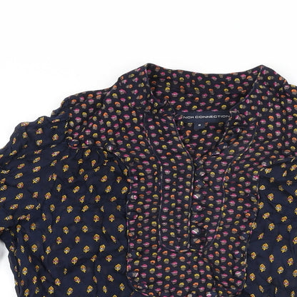 French Connection Womens Blue Geometric Viscose Basic T-Shirt Size 8 V-Neck