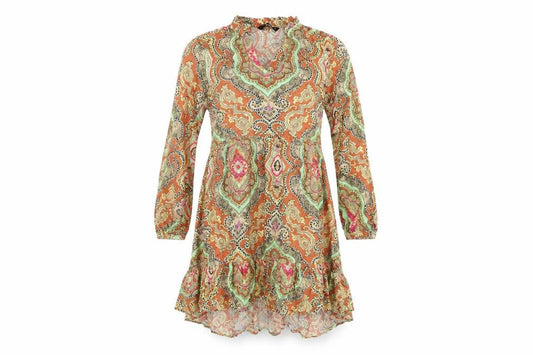 Front view of Only women’s multicoloured geometric viscose shift, size UK 6, v-neck pullover