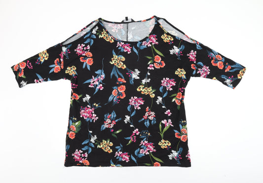 Capsule Womens Black Floral Viscose Basic T-Shirt Size 18 Round Neck