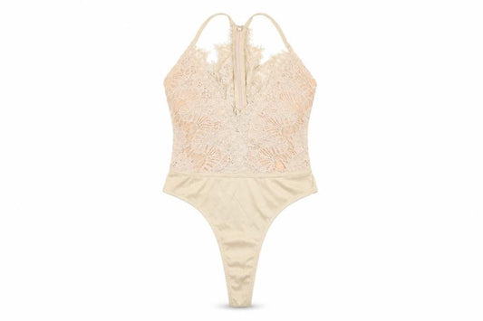 Rare London Womens Beige Floral Polyamide Bodysuit One-Piece Size 10 Zip