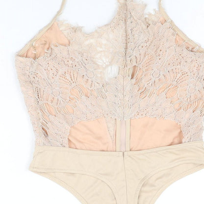 Rare London Womens Beige Floral Polyamide Bodysuit One-Piece Size 10 Zip