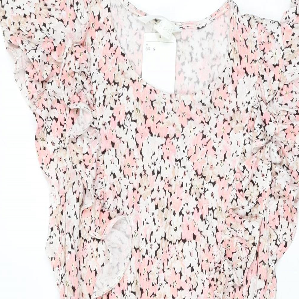 H&M Womens Pink Floral Viscose A-Line Size S Round Neck Pullover