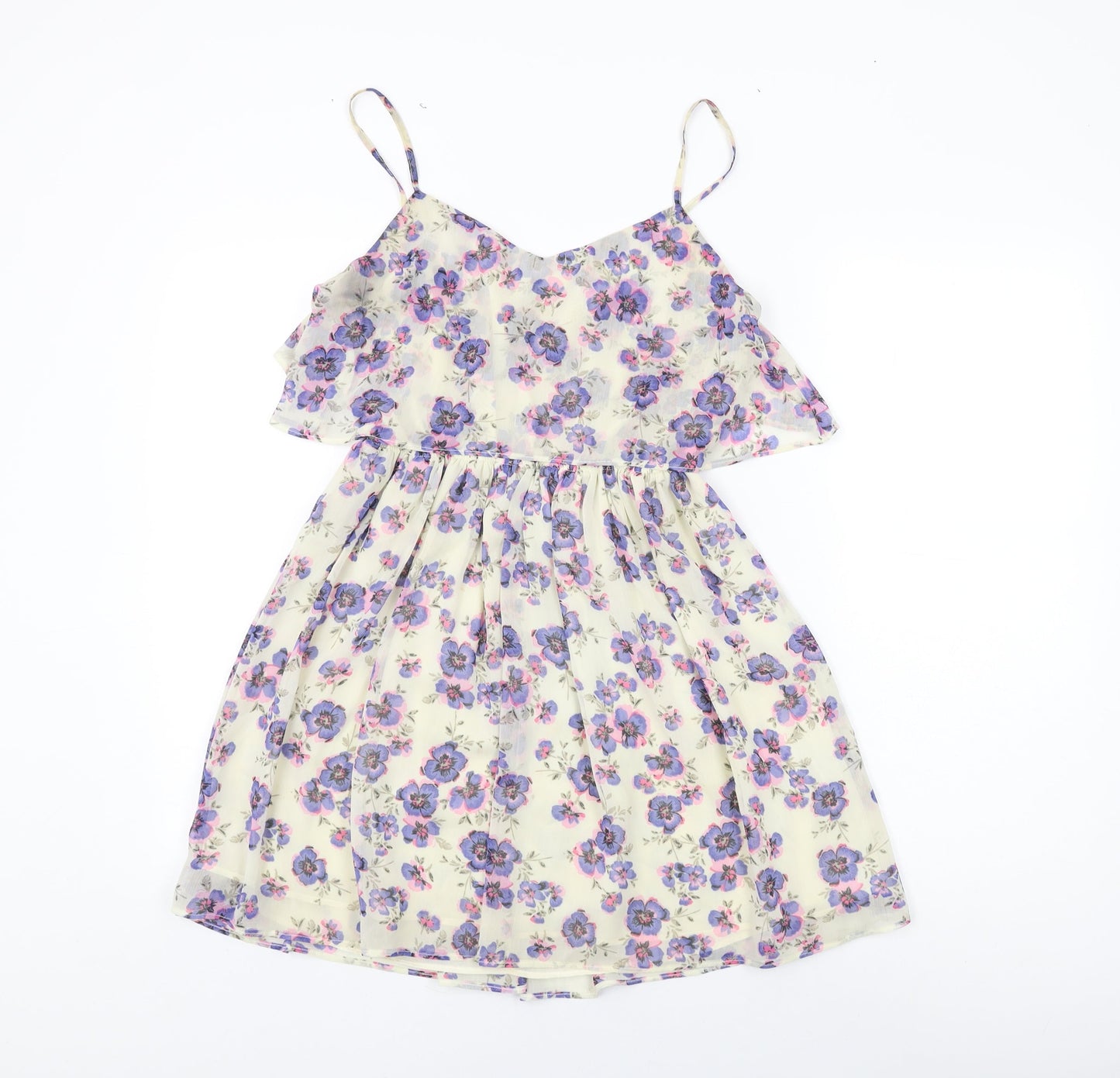 Topshop Womens Ivory Floral Polyester Skater Dress Size 8 V-Neck Pullover