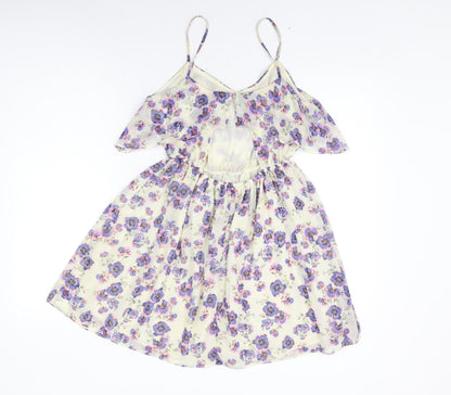 Topshop Womens Ivory Floral Polyester Skater Dress Size 8 V-Neck Pullover