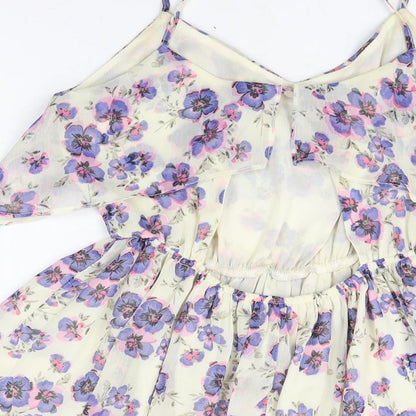 Topshop Womens Ivory Floral Polyester Skater Dress Size 8 V-Neck Pullover