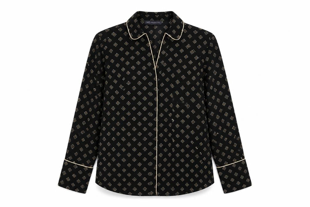 Marks & Spencer Womens Black Geometric Polyester Basic Button-Up Size 10 Collared