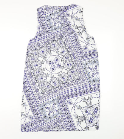 H&M Womens Blue Geometric Polyester A-Line Size 12 Round Neck Button