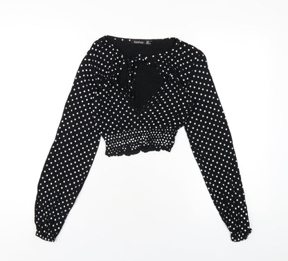 Boohoo Womens Black Polka Dot Viscose Cropped T-Shirt Size 8 Round Neck