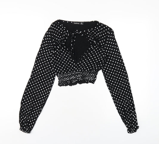 Boohoo Womens Black Polka Dot Viscose Cropped T-Shirt Size 8 Round Neck