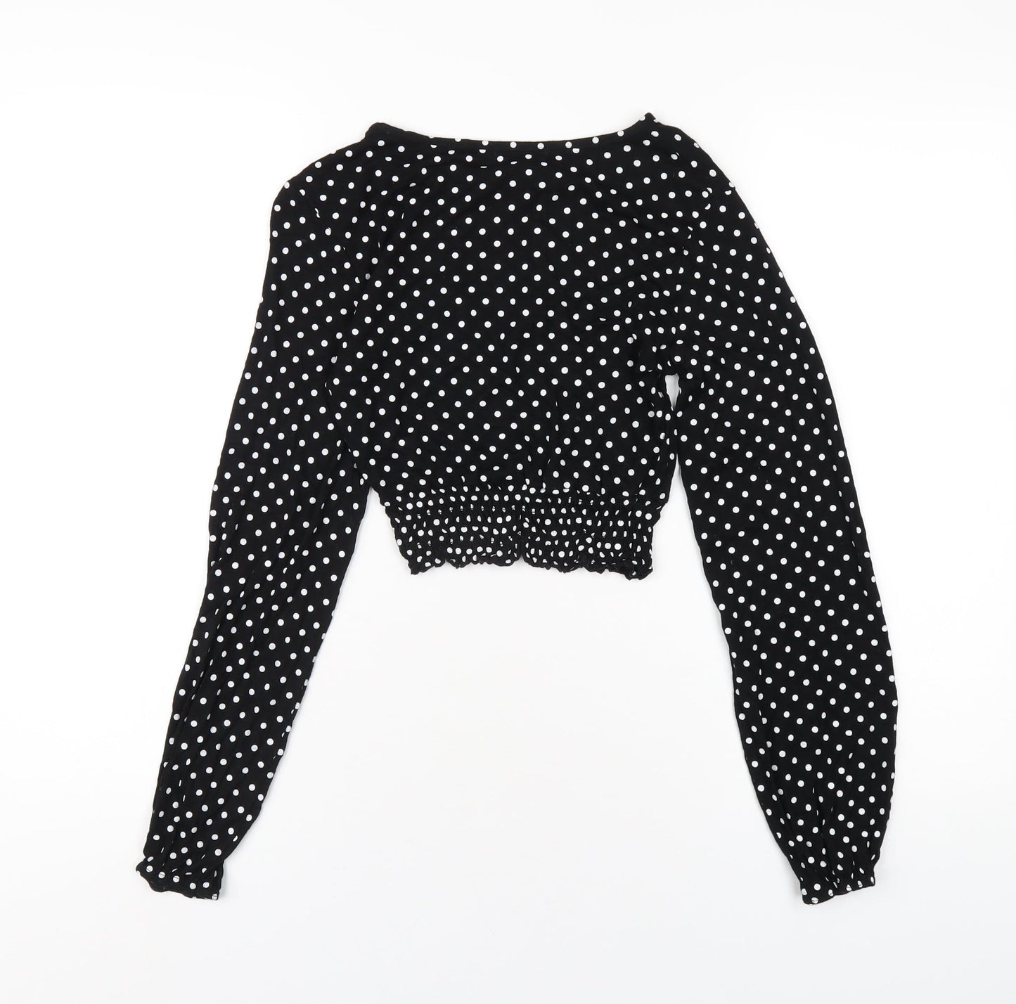 Boohoo Womens Black Polka Dot Viscose Cropped T-Shirt Size 8 Round Neck