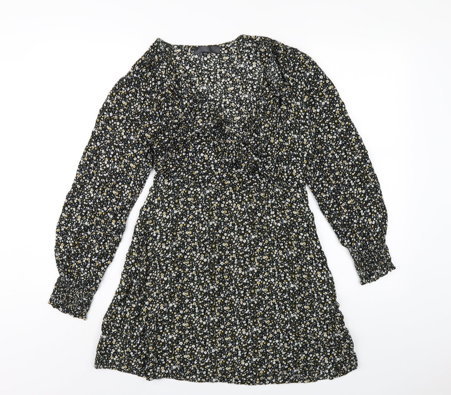 Missguided Womens Black Floral Viscose A-Line Size 8 V-Neck Zip