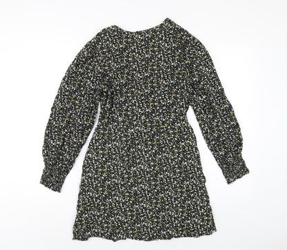 Missguided Womens Black Floral Viscose A-Line Size 8 V-Neck Zip