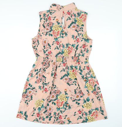 New Look Womens Pink Floral Polyester Ball Gown Size 18 Mock Neck Button